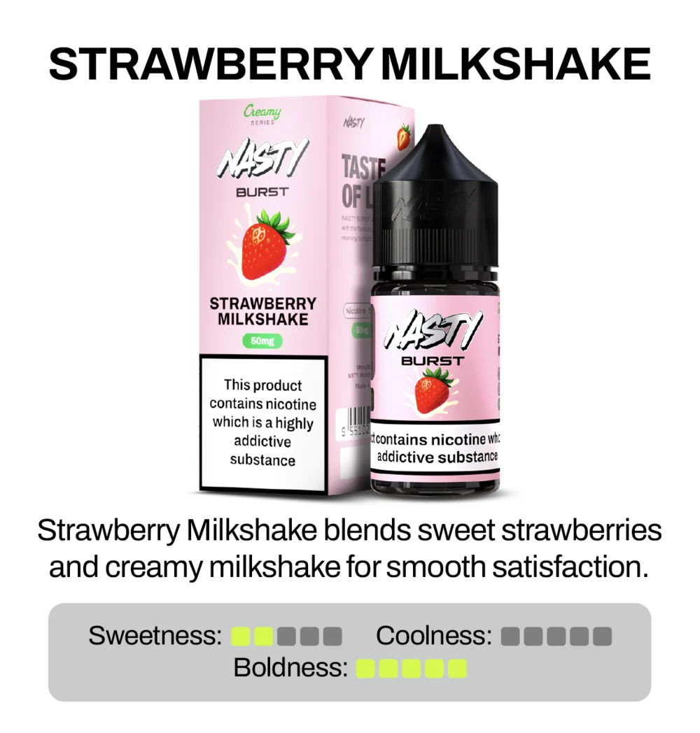 Nasty Brust Strawberry Milkshake vape juice bottle and packaging on a white background