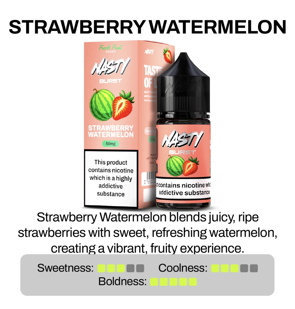 Nasty Brust Strawberry Watermelon nic salt packaging with product description on a white background