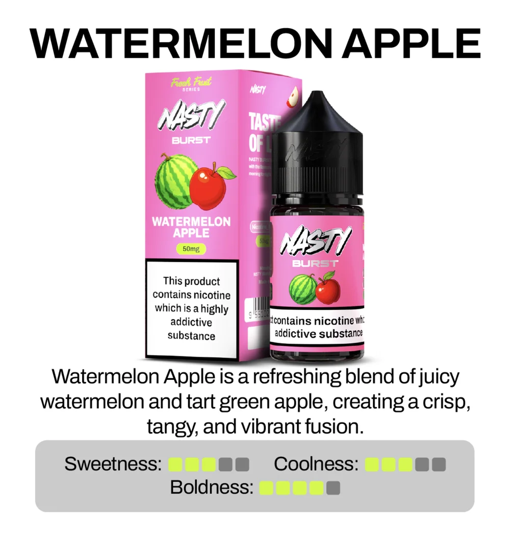 Nasty Brust Watermelon Apple e-liquid packaging with product description on a white background