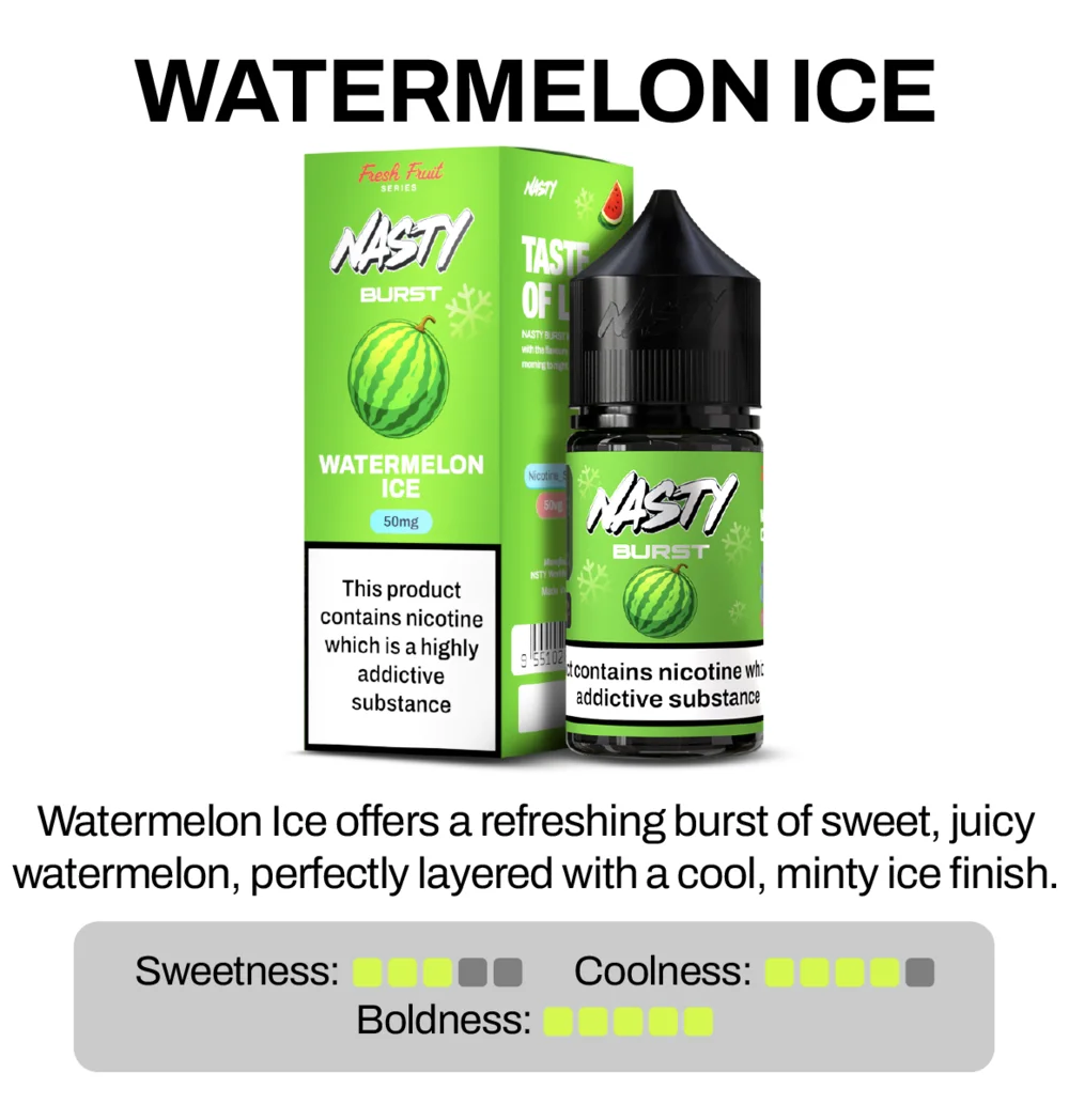 Nasty Brust Watermelon Ice vape juice packaging with green and black design on a white background.