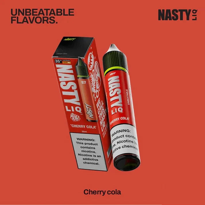 Nasty Liq Cherry Cola nicotine salt and packaging on an orange background