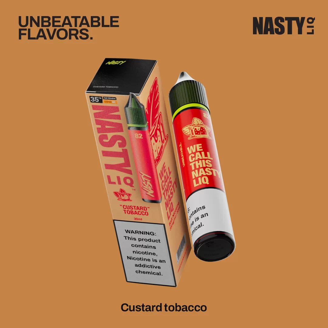 Nasty LIQ Custard tobacco vape nicotine salt and packaging on an orange background