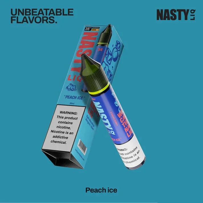 Nasty liq peach ice nicotine salt and packaging on a blue background