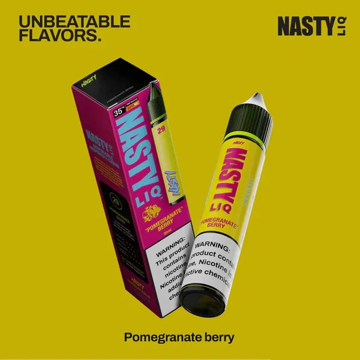 Nasty liq pomegranate berry vape nicotine salt and packaging on a yellow background