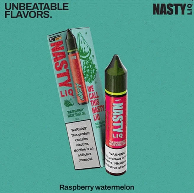 Nasty Liq Raspberry Watermelon vape nicotine salt and packaging on a teal background