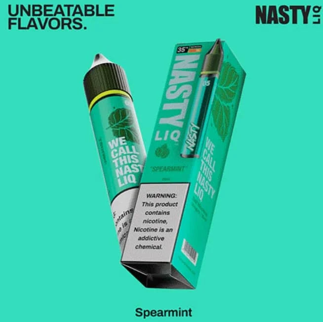 Nasty Liq Spearmint nicotine salt bottle and packaging on a teal background
