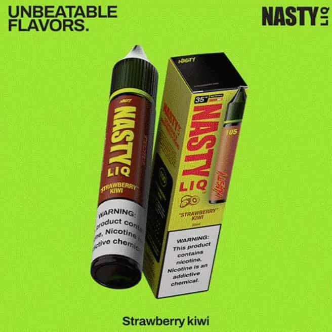 Nasty liq Strawberry Kiwi vape nicotine salt and packaging on a green background