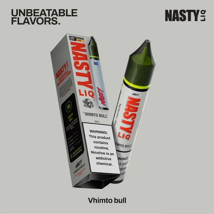 Nasty liq vhimto bull nicotine salt and product packaging with a gray background