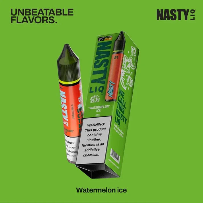 Nasty liq watermelon ice vape nicotine salt and packaging on a green background