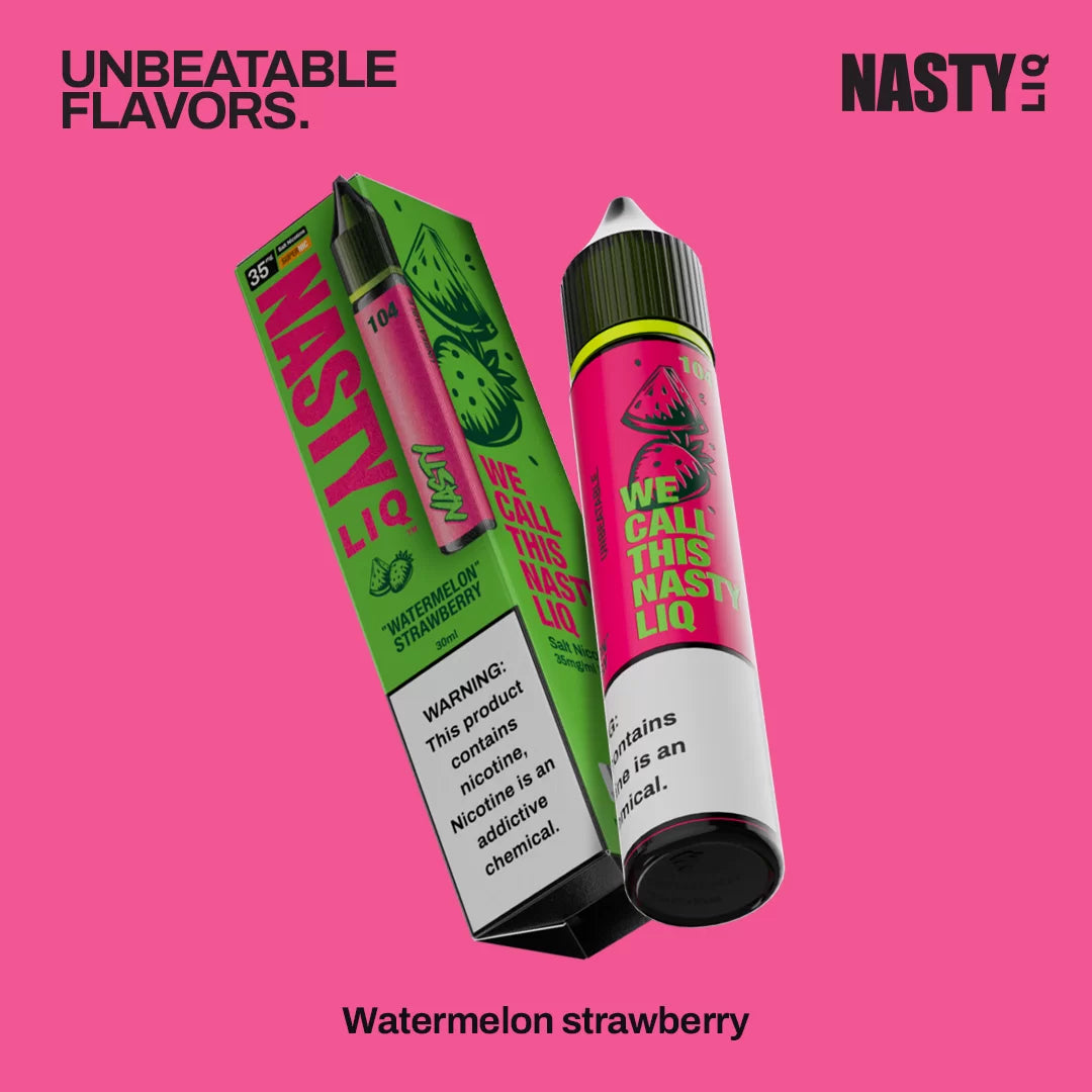Nasty Liq Watermelon strawberry nicotine salt and packaging on a pink background