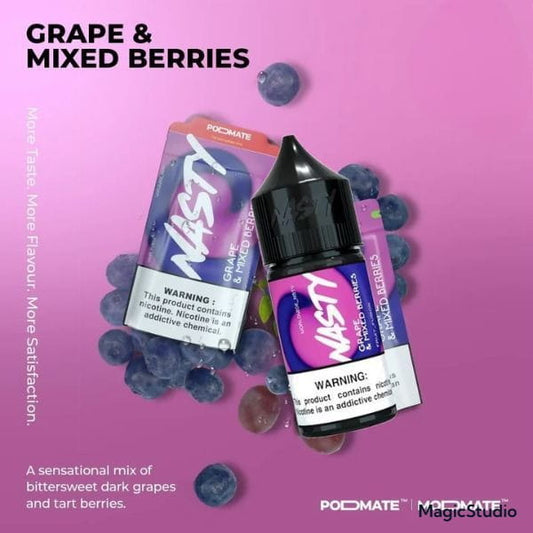 Nasty podmate juice bottle with grape and mixed berries flavor on a pink background