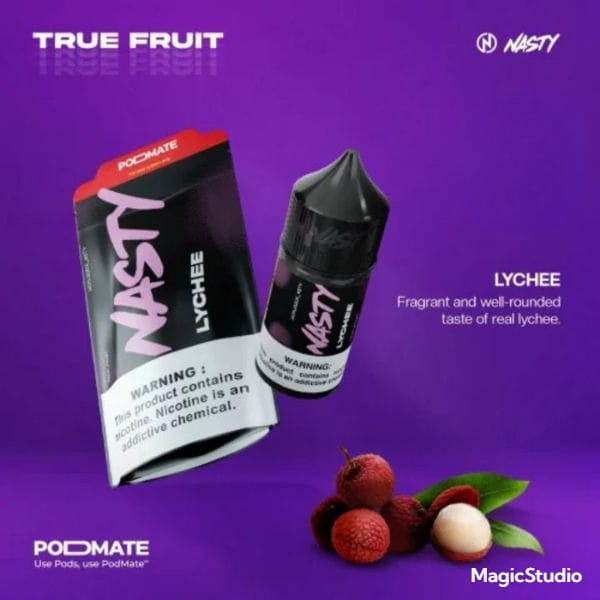 Nasty podmate Lychee vape device and packaging on a purple background with lychees.