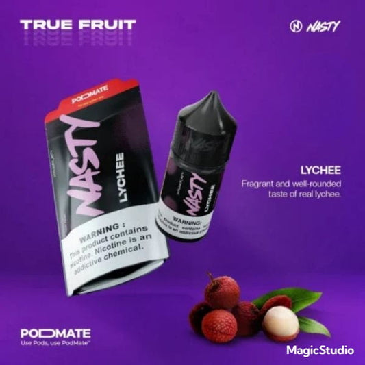 Nasty podmate Lychee vape device and packaging on a purple background with lychees.