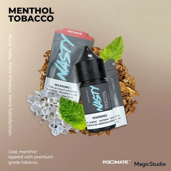 Nasty Menthol Tobacco vape juice packaging with leaves and ice on a beige background