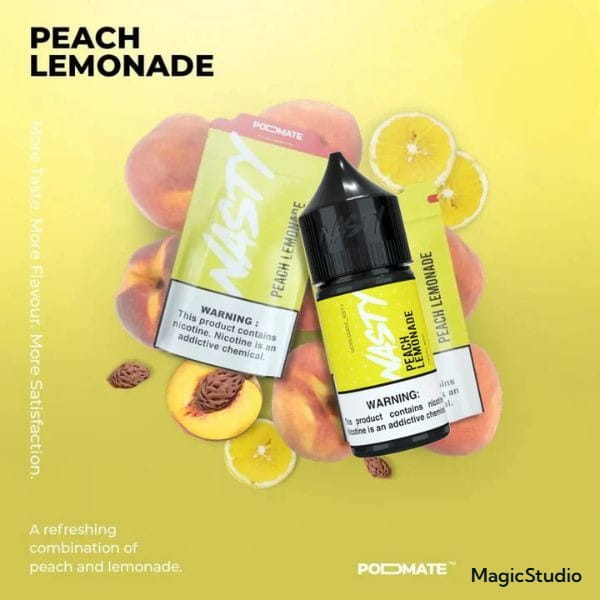 Nasty Podmate Peach lemonade vape juice with packaging on a yellow background