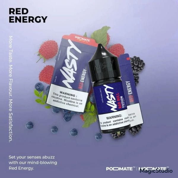 Nasty podmate Red Energy vape juice packaging with berries on a purple background