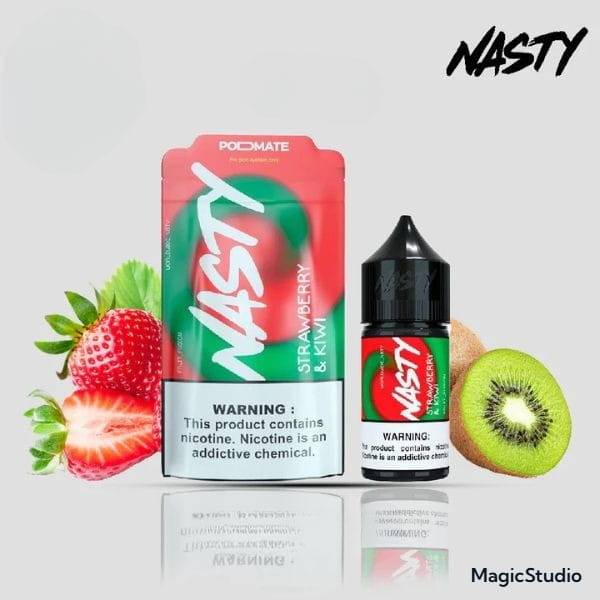 Nasty Strawberry & Kiwi vape juice packaging with strawberries and kiwi on a light gray background.
