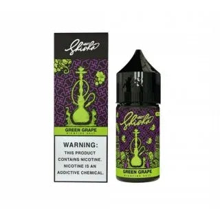 A bottle of Shisha Green Grape e-liquid next to its retail box packaging, featuring a black and purple design with a green hookah illustration.