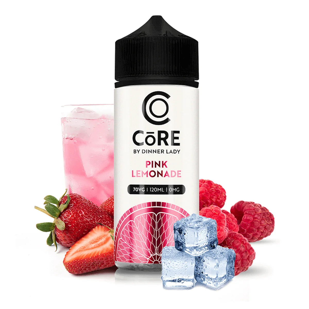 A bottle of CoRE by Dinner Lady Pink Lemonade e-liquid centered on a white background, surrounded by fresh strawberries, raspberries, and ice cubes, with a pink drink glass behind the bottle.