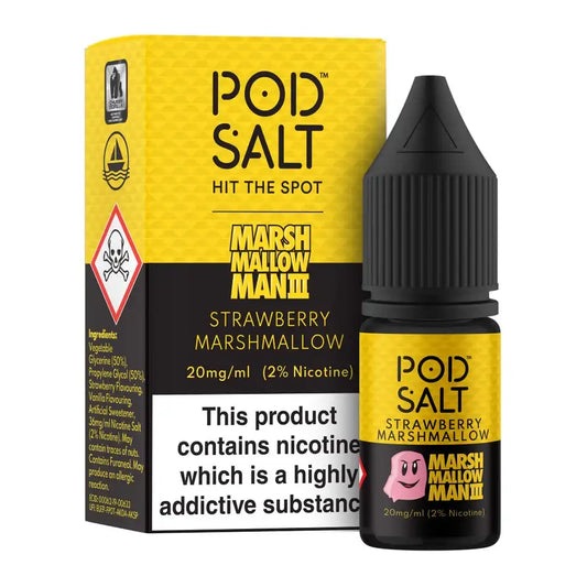 Pod Salt Strawberry Marshmallow e-liquid bottle and packaging on a white background