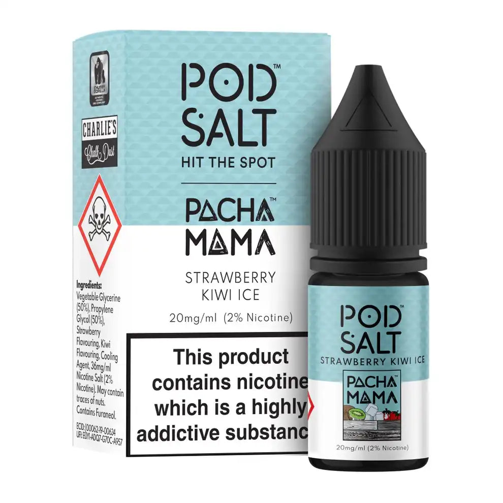 Pachamama Strawberry Kiwi Ice e-liquid bottle and packaging on a white background