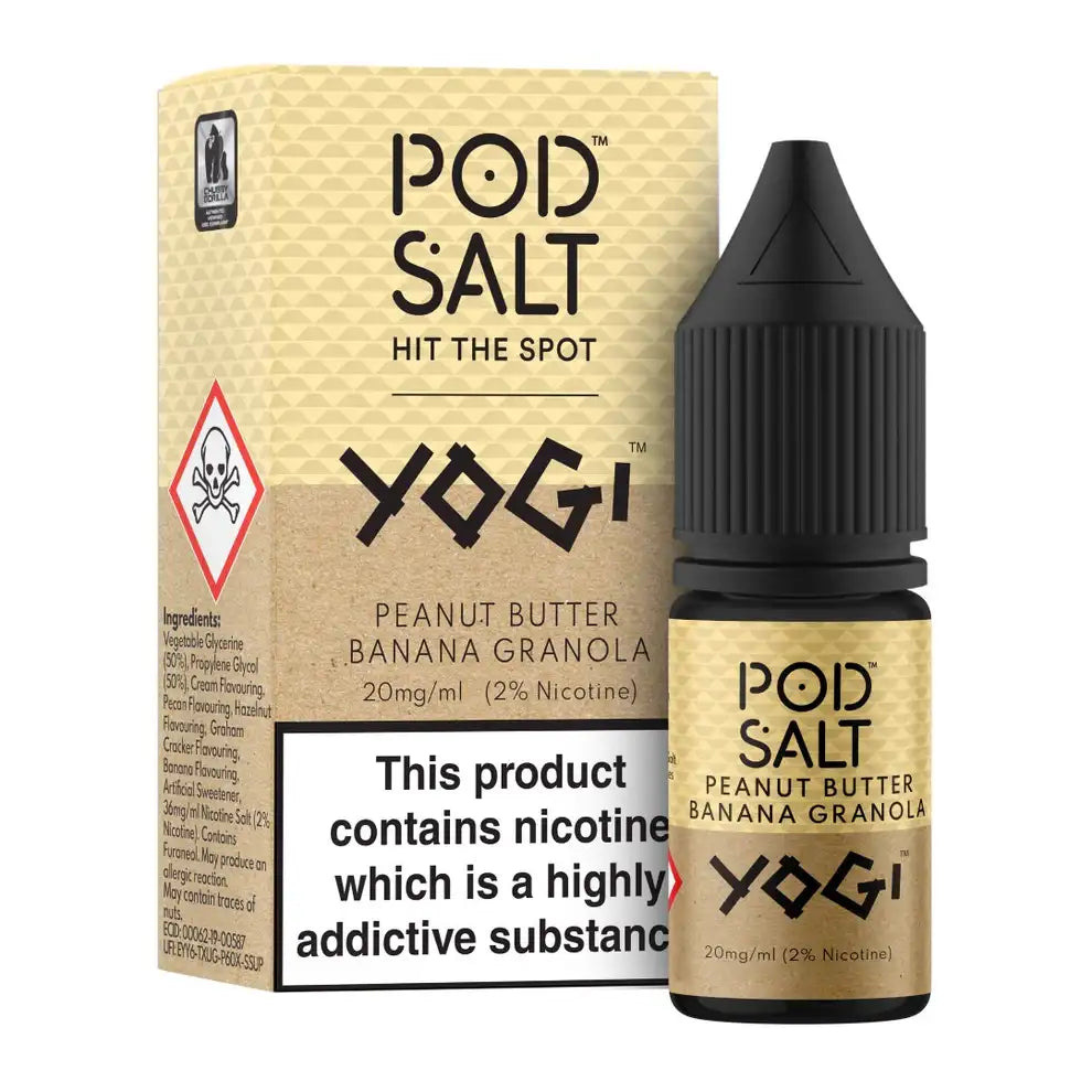 Yogi Pod Salt Peanut Butter Banana Granola vape juice packaging and bottle on a white background