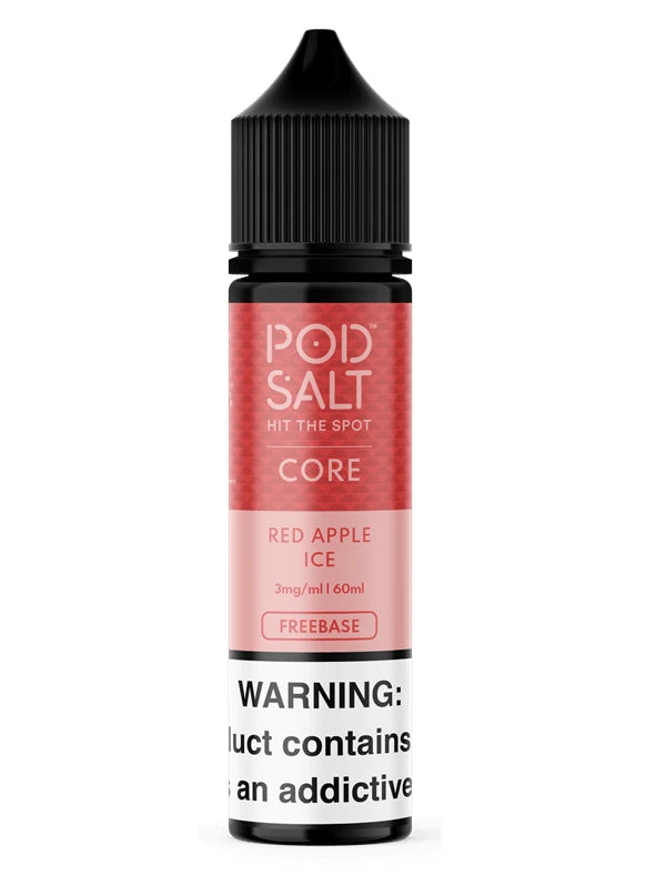 A bottle of POD SALT e-liquid in the Red Apple Ice flavor, featuring a black cap and a label with a red top half and a white bottom half containing a product warning.
