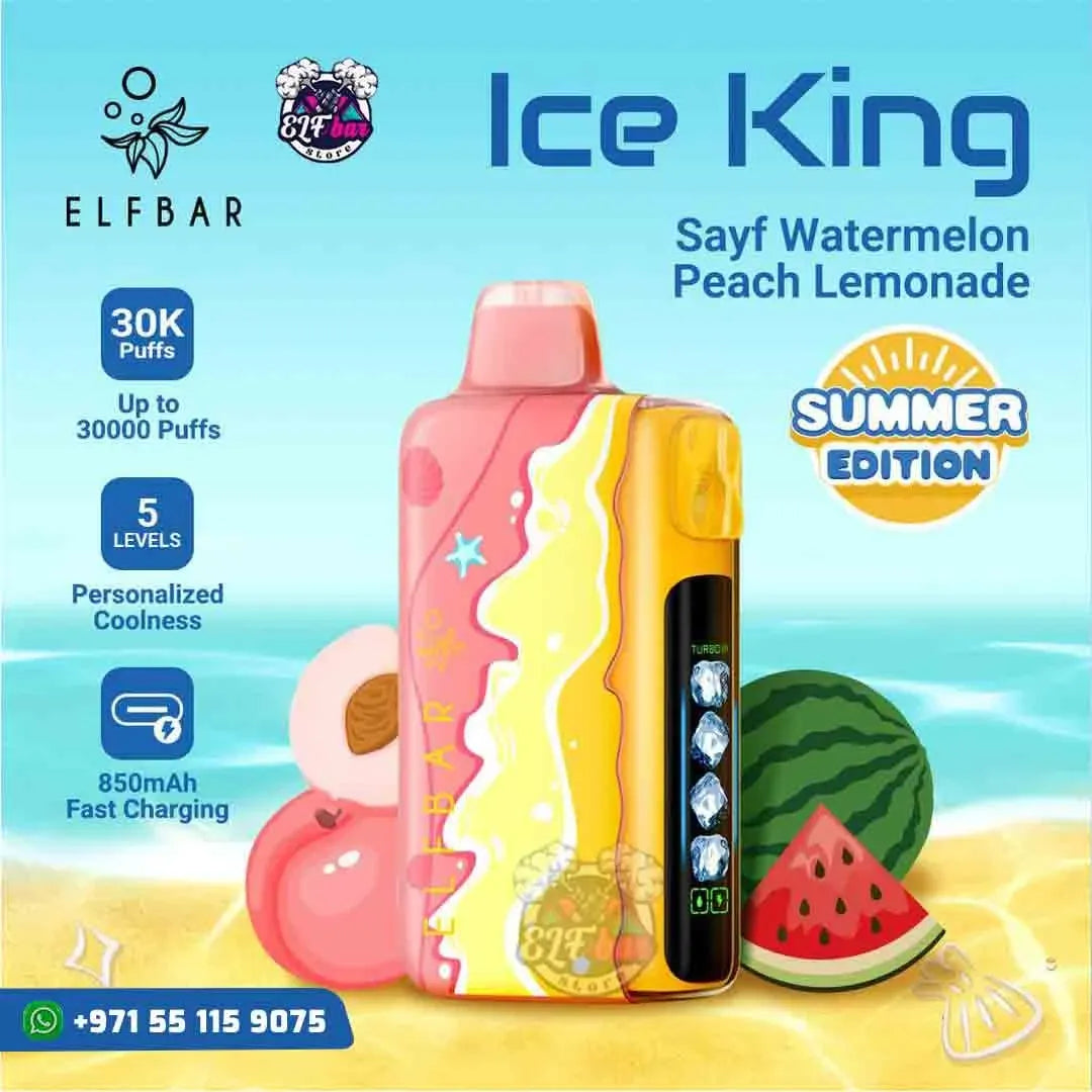 Elfbar Ice King disposable vape device in a 'Sayyf Watermelon Peach Lemonade' Summer Edition flavor, shown with watermelon and peach graphics on a beach-themed background with promotional text.
