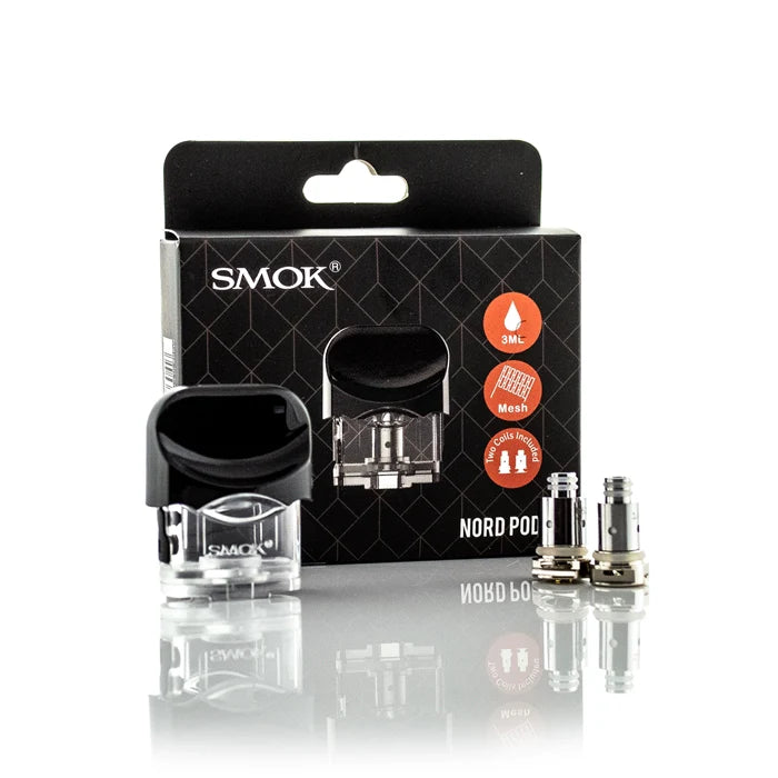 SMOK vape pod packaging with two black vape coils on a white background