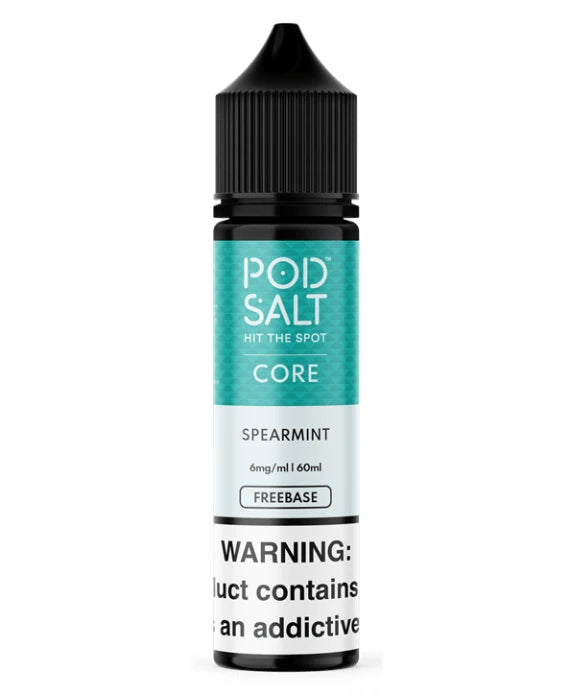Pod Salt e-liquid bottle with spearmint flavor on a white background