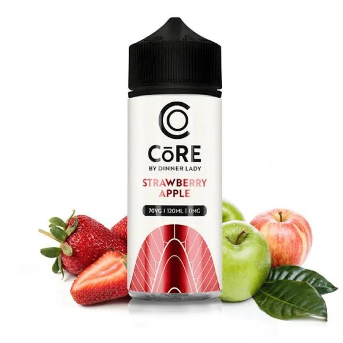 Core by Dinner Lady Strawberry Apple vape juice bottle with strawberries and apples on a white background
