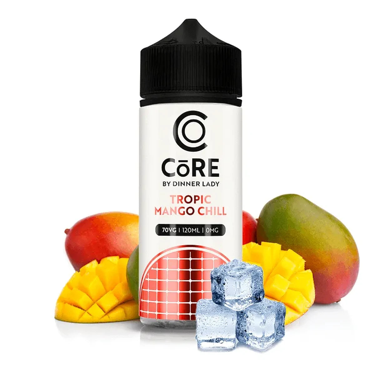 Core by Dinner Lady Tropic Mango Chill vape juice bottle with mangoes and ice cubes on a white background