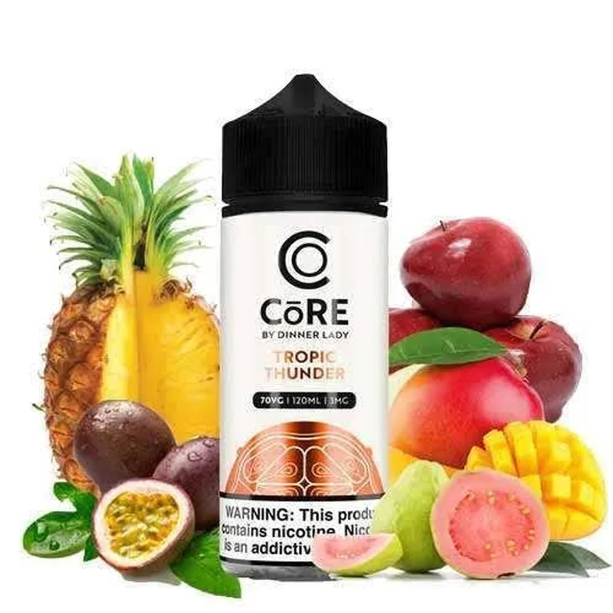Core by Dinner Lady Tropic Thunder vape juice bottle with tropical fruits on a white background
