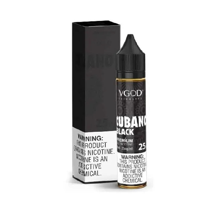 VGOD Cubano Black vape juice bottle with packaging on a white background