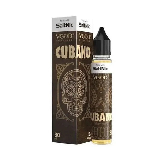 VGod Cubano vape juice bottle and packaging on a white background