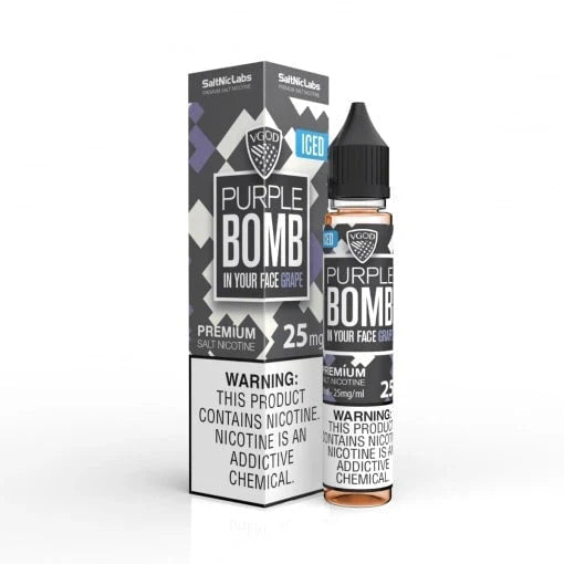 VGOD Purple Bomb vape juice bottle and packaging on a white background