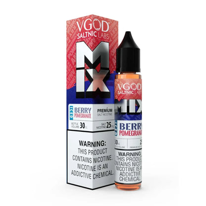 VGOD Salt Nic Labs MIX berry pomegranate vape juice bottle and packaging on a white background