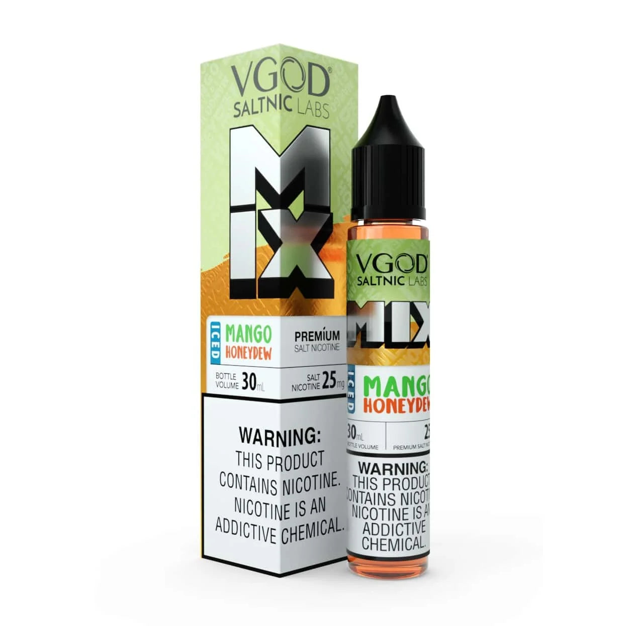 VGOD SaltNic Labs MIX Mango Honeydew vape juice bottle and packaging on a white background