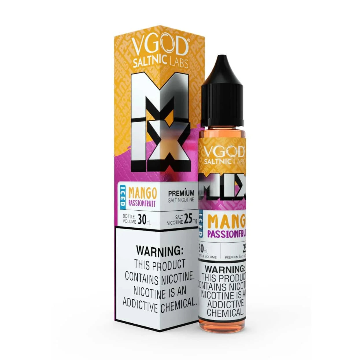 VGOD Salt Nic Labs MIX Mango Passionfruit vape juice bottle and packaging on a white background