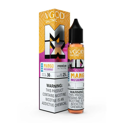 VGOD Salt Nic Labs MIX Mango Passionfruit vape juice bottle and packaging on a white background