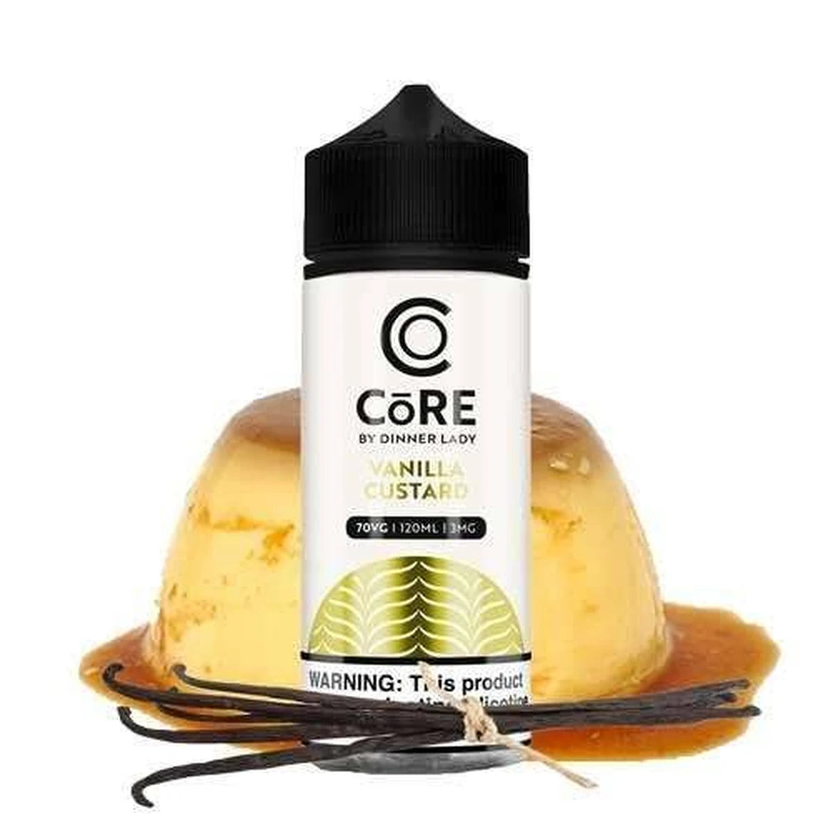 Vanilla custard bottle with vanilla beans on a white background
