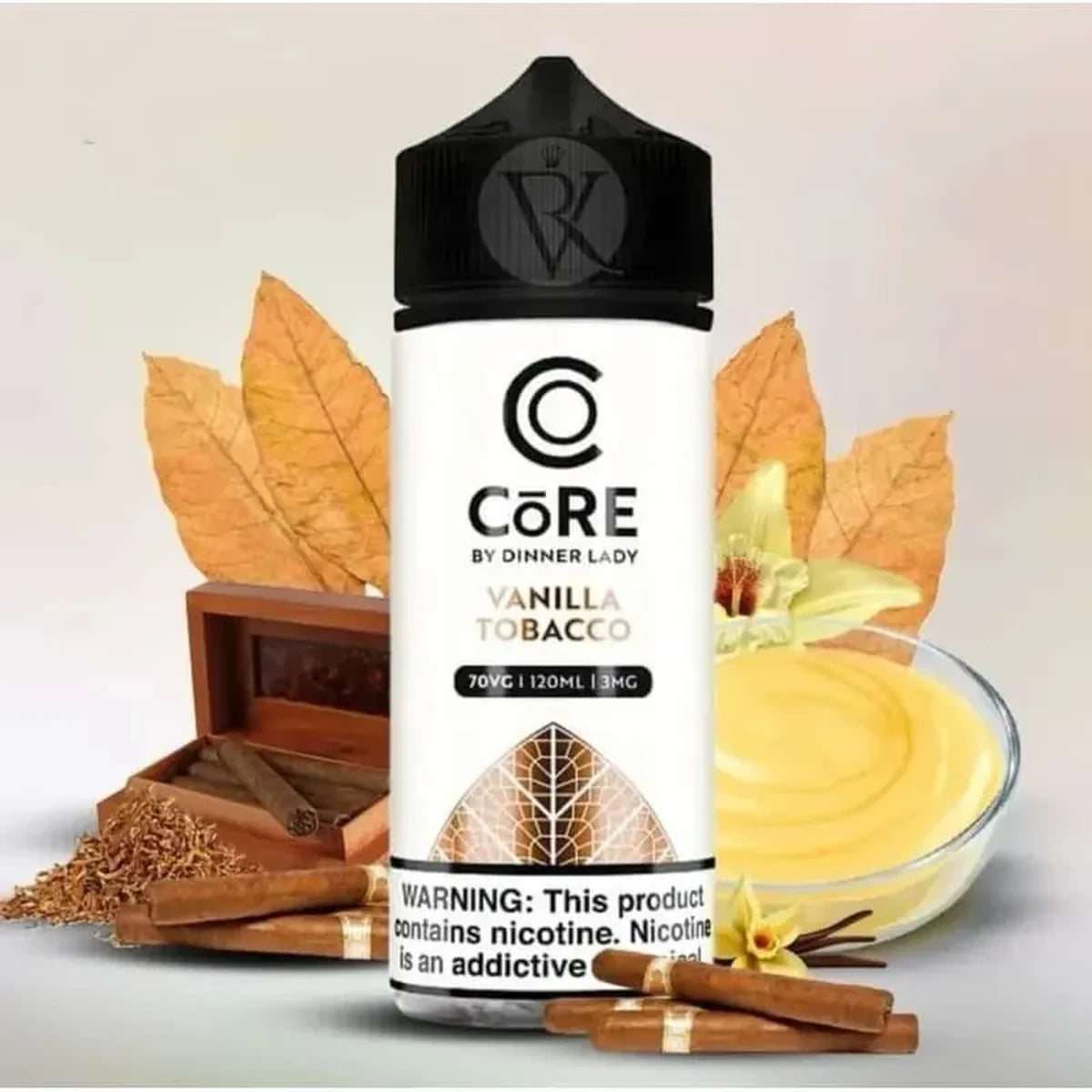 A bottle of CoRE BY DINNER LADY Vanilla Tobacco e-liquid, styled with vanilla flowers, cinnamon sticks, a small wooden box, and a bowl of creamy vanilla sauce against a light beige background.