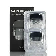 Vaporesso Luxe PM40 clear pods with packaging on a reflective surface