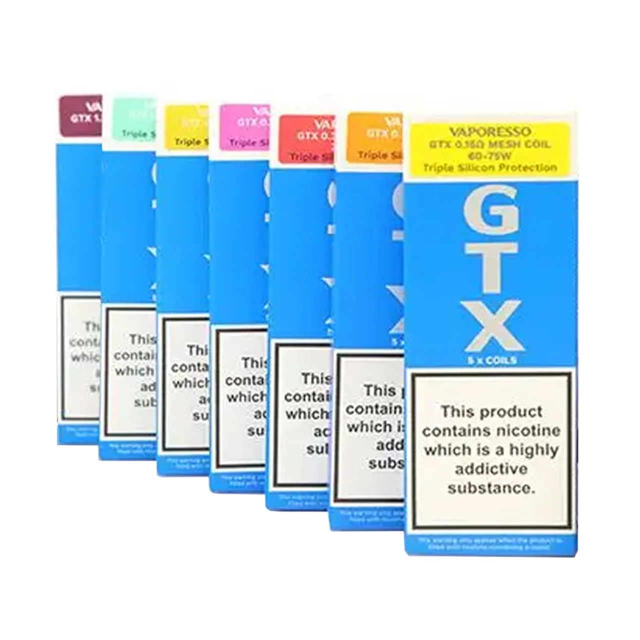 Multiple packages of Vaporesso GTX coils with product information on a white background
