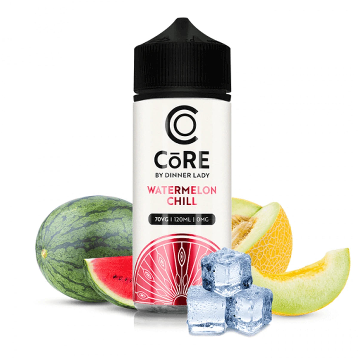 A bottle of CoRe by Dinner Lady Watermelon Chill e-liquid centered on a white background, surrounded by watermelon, cantaloupe, and ice cubes to represent the flavor profile.
