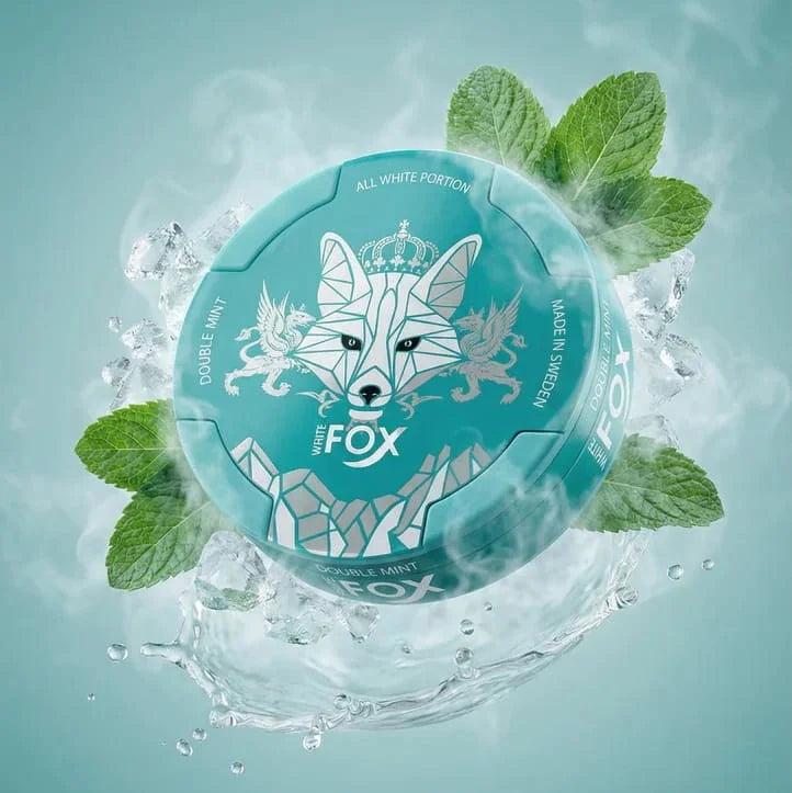 White Fox Double Mint container with fox design surrounded by mint leaves on a light blue background