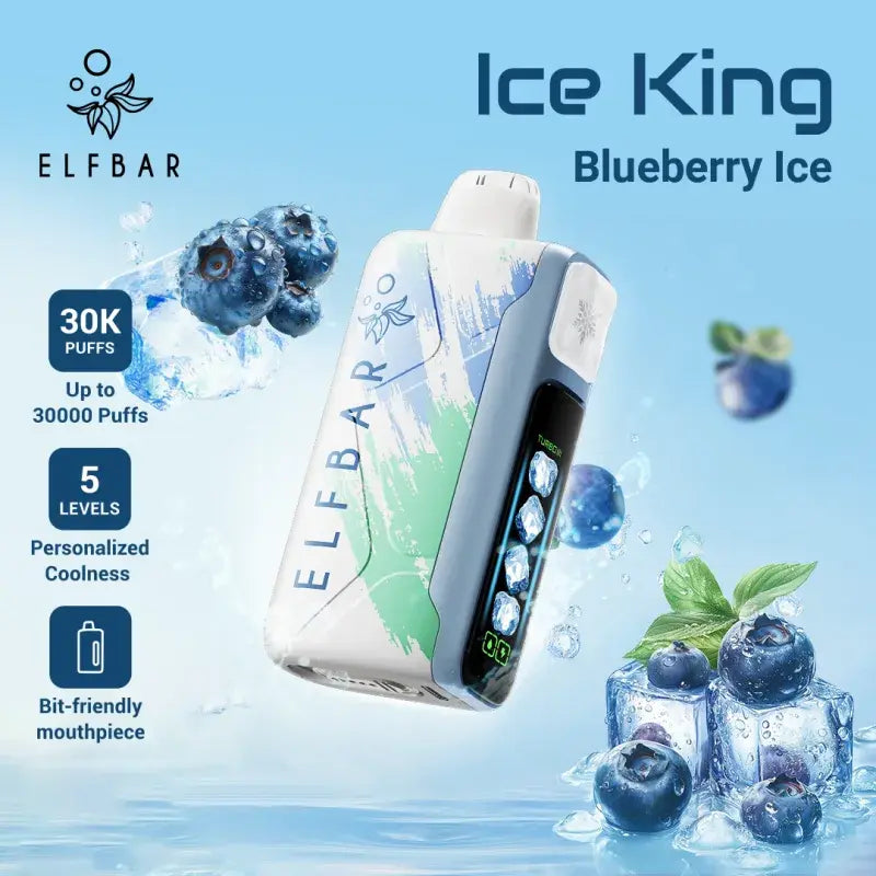 Elfbar Ice King Blueberry Ice vape device with blueberries and ice cubes on a light blue background