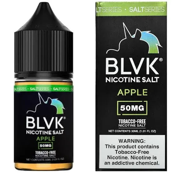 A bottle of BLVK Nicotine Salt Apple 50mg next to its retail box packaging, featuring a black label and cap with green and white branding.