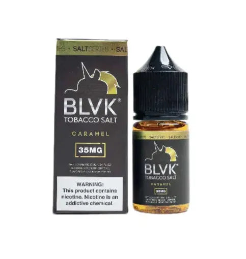 BLVK Tobacco Salt Caramel 35mg e-liquid shown with its black retail box and matching bottle with a black cap on a plain white background.