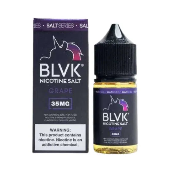 BLVK Nicotine Salt Grape flavor, 35mg strength, shown with its dark purple retail box and the clear plastic bottle containing the liquid, on a plain white background.
